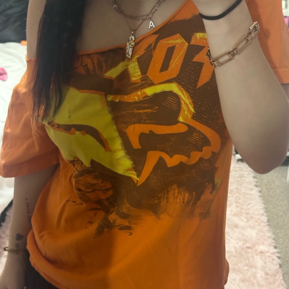 Off the shoulder, orange fox racing shirt